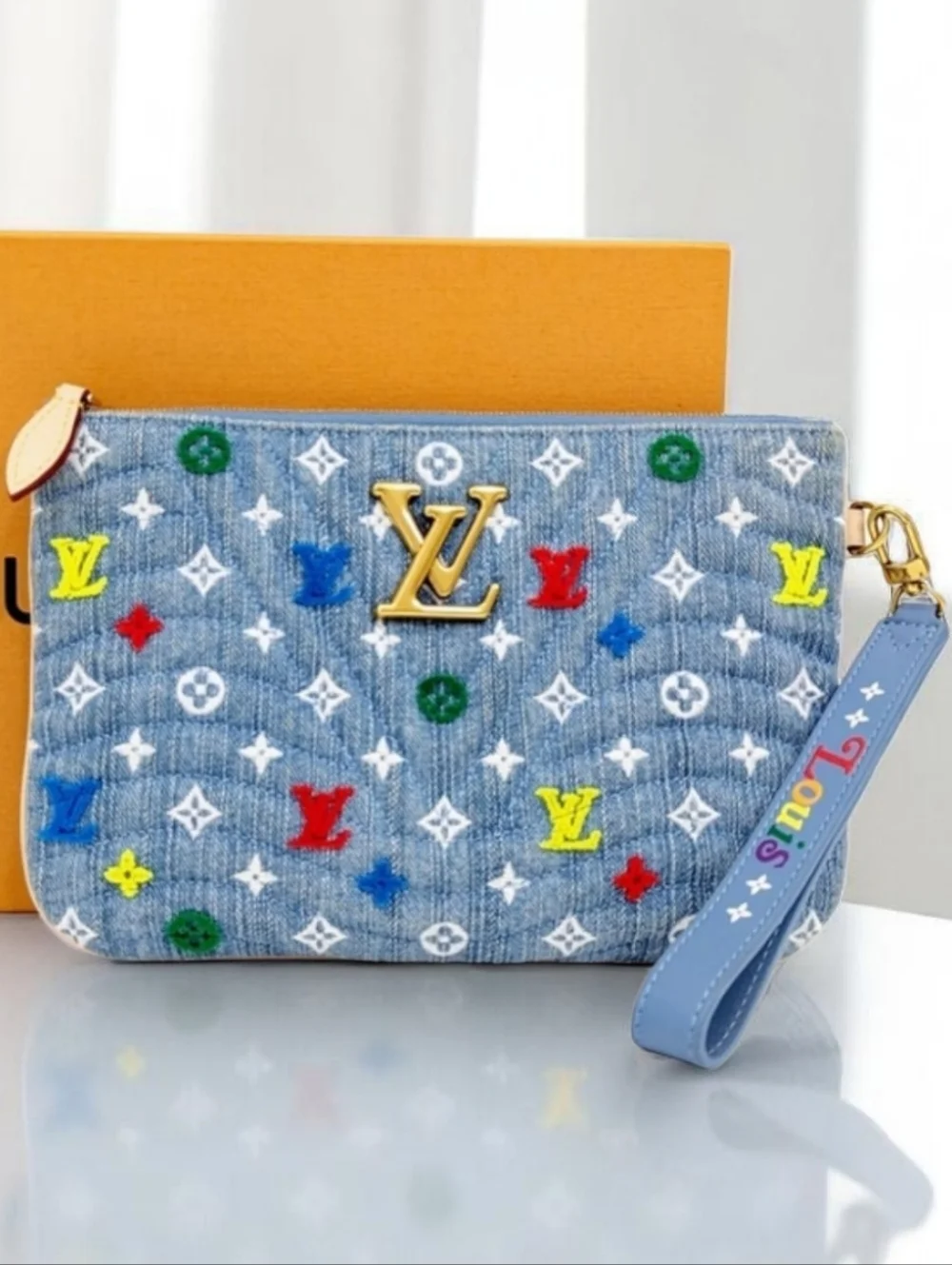 Louis Vuitton New Wave Denim Monogram Wristlet Pouch Multicolor